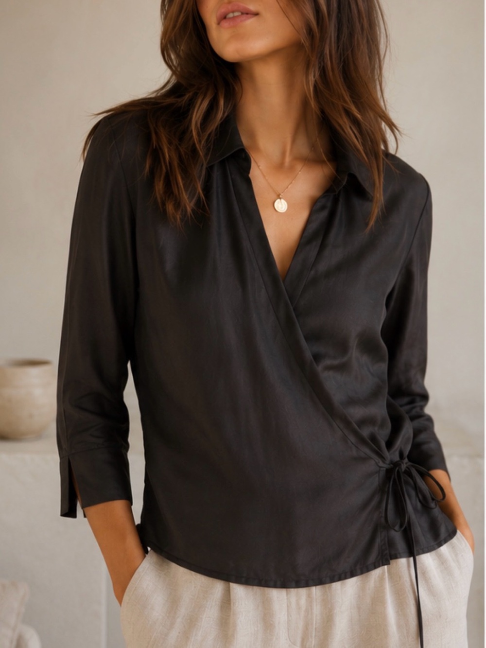 August Silk Studio Black 100% Silk Wrap Blouse  size 14